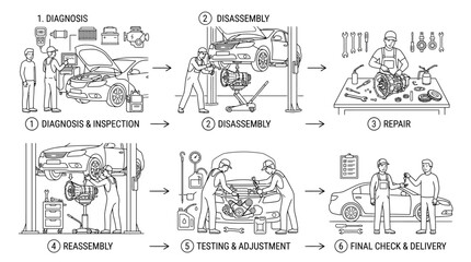 Obraz premium Step-by-step illustration of the automotive repair process, from initial diagnosis to final delivery.