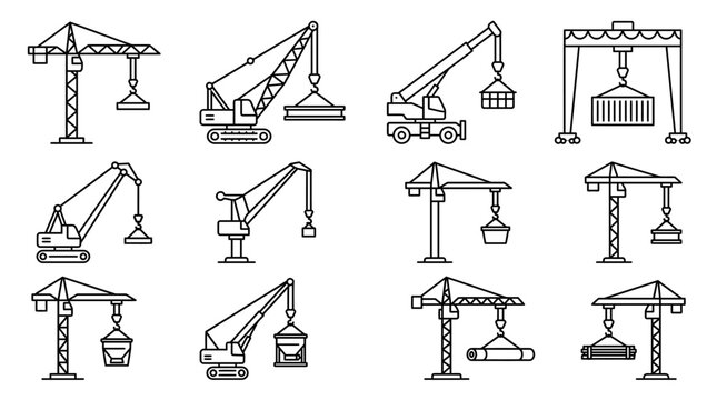 Collection of various types of cranes used in construction and industrial settings, depicted in a line art style.