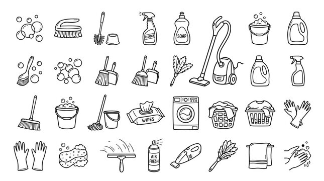 A collection of hand-drawn icons representing various cleaning supplies and tools, including brushes, mops, buckets, sprays, and laundry items.