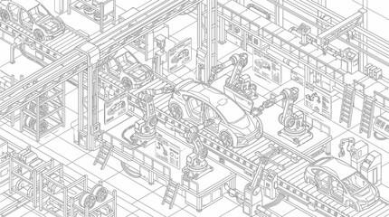 Fototapeta premium An intricate isometric line drawing depicts a modern car manufacturing assembly line with robotic arms and conveyor belts.