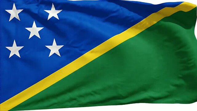 A close-up shot features the flag of the Solomon Islands waving gently. The flag features a blue field with five white stars, divided diagonally by a yellow stripe from the lower hoist-side corner,