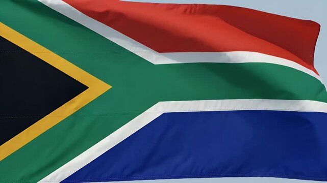 The video shows the national flag of South Africa flying against a clear sky. The flag is composed of six colors, including black, yellow, green, white, red, and blue, symbolizing the country's
