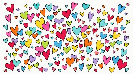 Obraz premium Colorful hand drawn hearts scattered across a white background create a cheerful and artistic pattern perfect for valentine designs and various creative romantic project themes