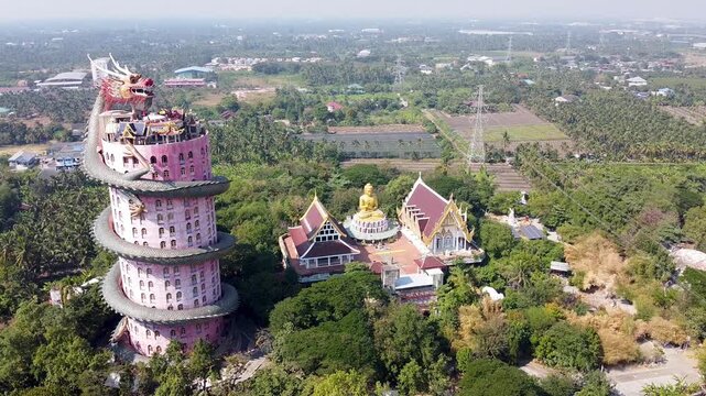 Wat Samphran Dragon Temple near Bangkok, Thailand. Aerial panoramic view from drone