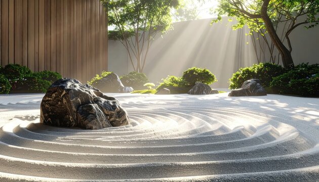 Serene Japanese Zen Garden with Raked Sand and Sunbeams.
