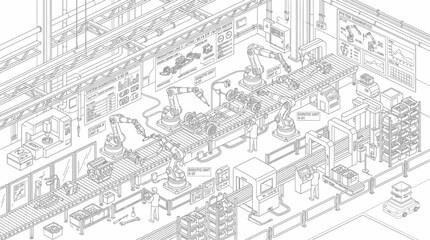 Fototapeta premium Isometric illustration of a highly automated modern factory assembly line with robotic arms and conveyor belts.