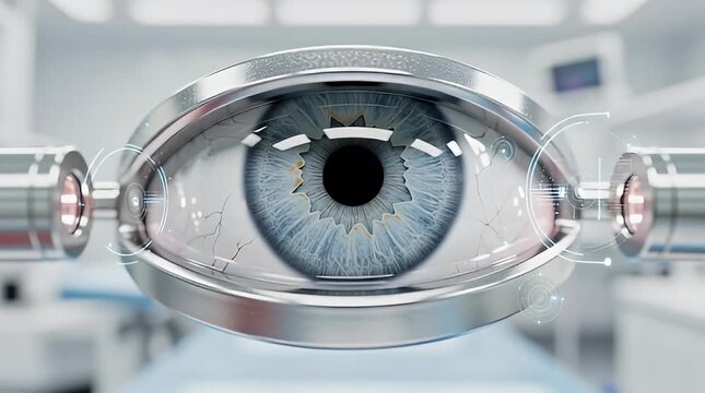 Futuristic robotic eye with blue iris.