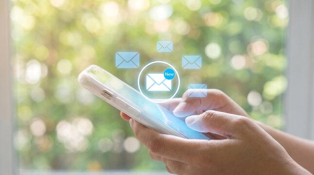 Person hands using smartphone with floating email icons for digital communication and mobile messaging against blurred natural background smartphone communication