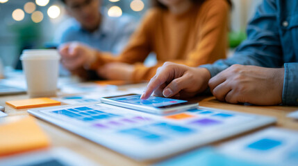 Fototapeta premium Faceless UI UX design team collaborating on a mobile app development project in a shared workspace. Defocused background. UI UX collaboration, mobile app team, development