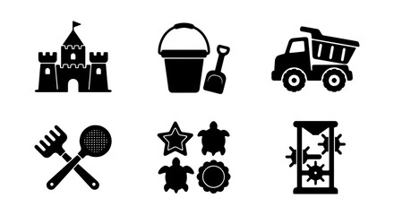 Beach toys vector icon set, sandcastle, bucket, shovel, rake, sieve, sand molds, hourglass © NST