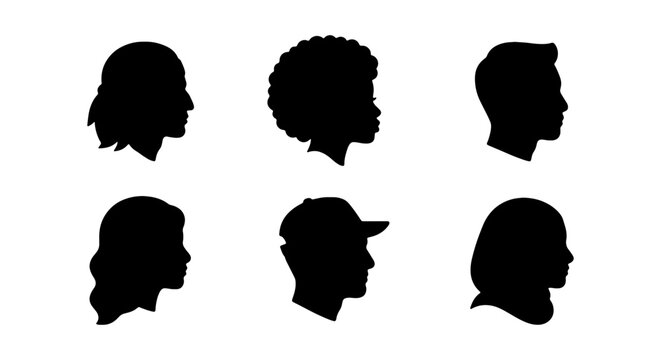Diverse profile silhouettes, six black vector head shapes, anonymous human avatars for identity