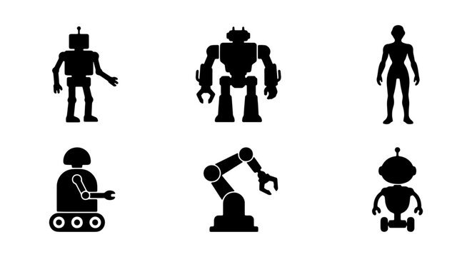 Robot icons set, black silhouette vector collection, humanoid and industrial automation symbols