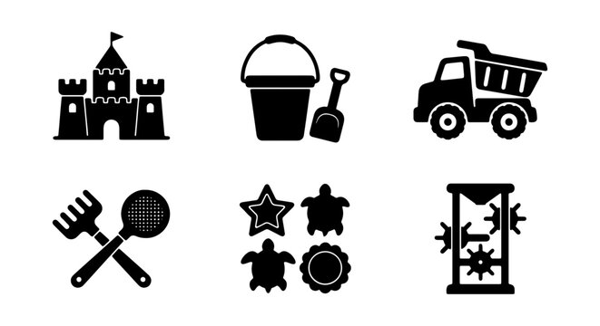 Beach toys vector icon set, sandcastle, bucket, shovel, rake, sieve, sand molds, hourglass