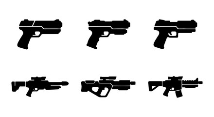 Futuristic Sci-Fi Weapon Icons, Cyberpunk Gun Silhouettes, Modern Firearm Vector Set © NST