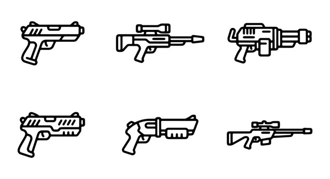 Sci-Fi Weapon Icons, Futuristic Gun Set, Vector Illustration, Military Technology