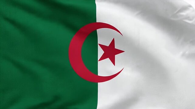 This stock video shows the national flag of Algeria. The flag is divided vertically into green and white halves, with a red star and crescent in the center.