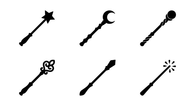 Magic Wand Icons, Fantasy Staff Symbols, Enchanted Stick Silhouettes, Vector Set