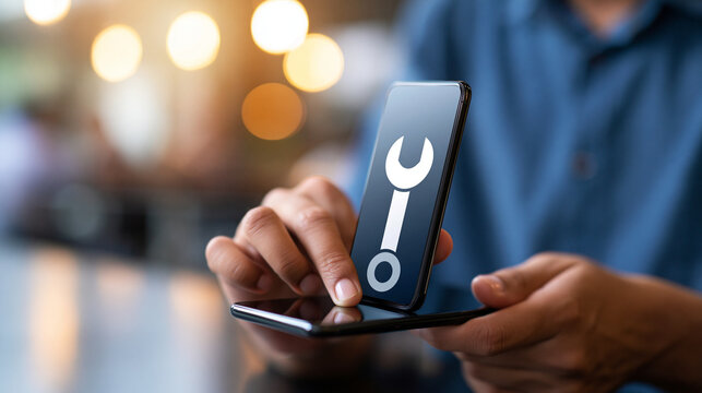 Mobile repair service concept with a wrench icon on a phone for a tech support and smartphone maintenance concept. Mobile repair concept, wrench icon, tech support, smartphone