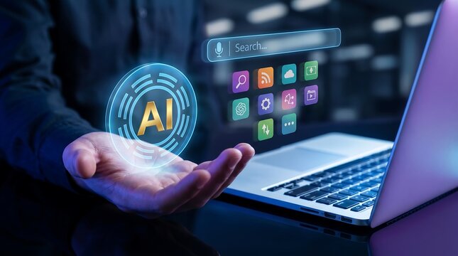 Human hand holding glowing artificial intelligence AI logo with floating application icons near a laptop representing machine learning and digital transformation