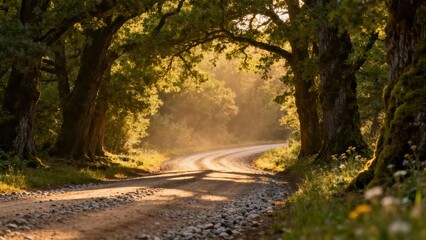Fototapeta premium Sunlight filters through ancient trees arching over a winding gravel path in a lush forest