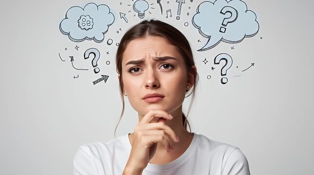 Woman thinking with question marks.