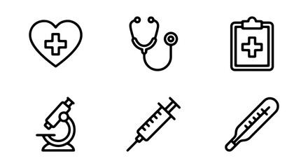 Fototapeta premium Medical Icons Set: Health, Stethoscope, Clipboard, Microscope, Syringe, Thermometer