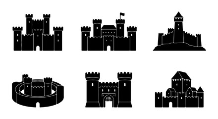 Fototapeta premium Medieval Castle Icons, Fortress Silhouettes, Royal Stronghold Vector Set