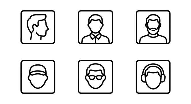 Diverse Male User Profile Icons, Avatar Set, Business People Headshots, Simple Line Art