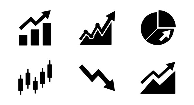 Business Growth Icons: Bar Chart, Line Graph, Pie Chart, Candlestick, Down Trend, Up Trend