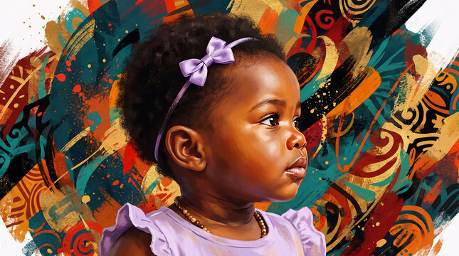 African American baby girl age two in colorful abstract paint illustration inspired by Juneteenth and Black History Month with vibrant artistic cultural background artwork