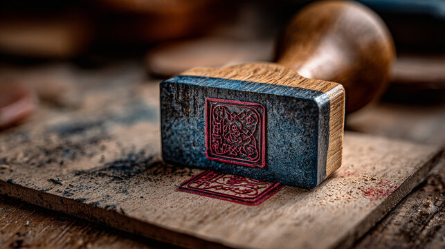 Close-up of a custom square ink stamp on a wooden surface for handcrafted branding and labeling.