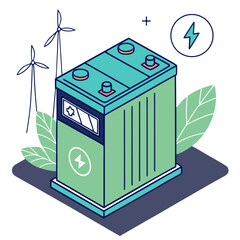 Green battery with wind turbines and leaves © Jahid