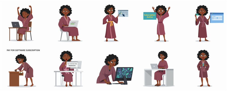Character Set of an African American Woman in a Robe Managing Software Subscriptions and Online Payments at Home
