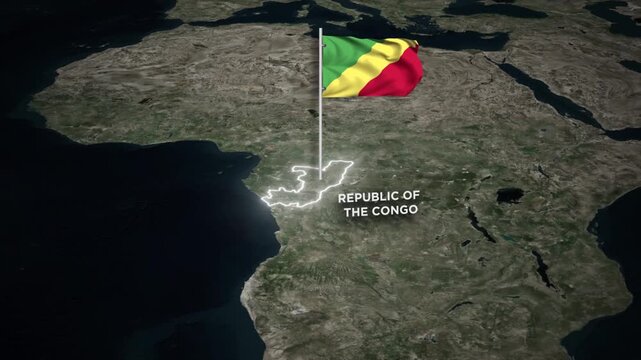 Republic of the Congo Map Animation with 3D Waving of National Flag with Glowing Border Animation on World Map