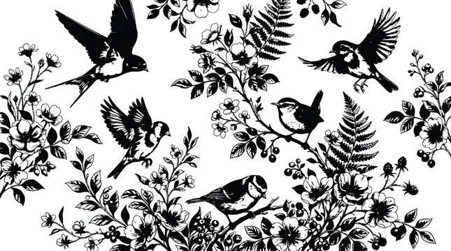Birds and floral branches black and white vector illustration