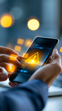 Faceless male hands holding a smartphone with a yellow warning triangle notification on screen representing a security alert, system error, and mobile software bug concept. Yellow