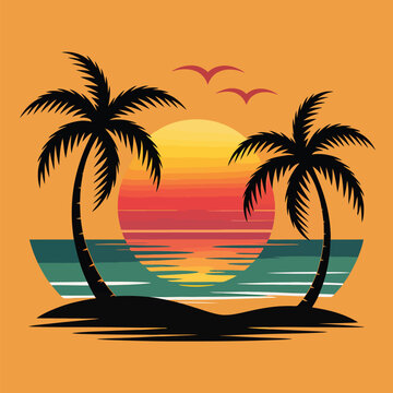 Tropical sunset beach with palm trees and ocean silhouette tropical island tropical silhouette vacation illustration paradise colorful stylized