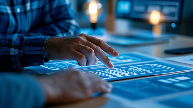 Detailed UX UI design process for mobile application and website development showing creative prototype wireframe layout for professional app developer workflow. UX UI detailed