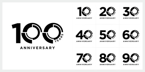 Set of 10 to 100 anniversary celebration logo design, Number text 10 to 100 years bithday party festival holiday logo icon concept © ZRpro