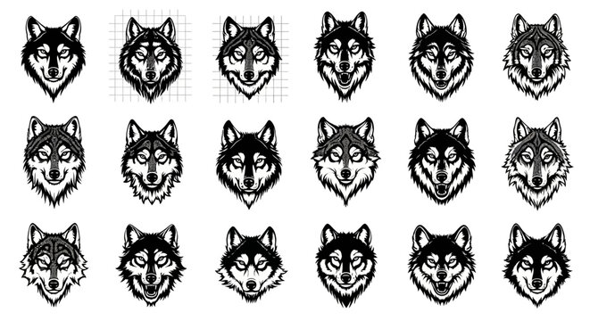 Collection of 20 unique wolf head illustrations in black and white various expressions detailed fur textures on plain background