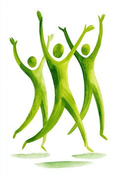 Abstract green humanoid figures dancing joyfully, featuring three stylized characters with raised arms and elongated limbs against a white background
