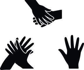 Obraz premium Four black silhouette hands in handshake, clapping, and open palm gestures white