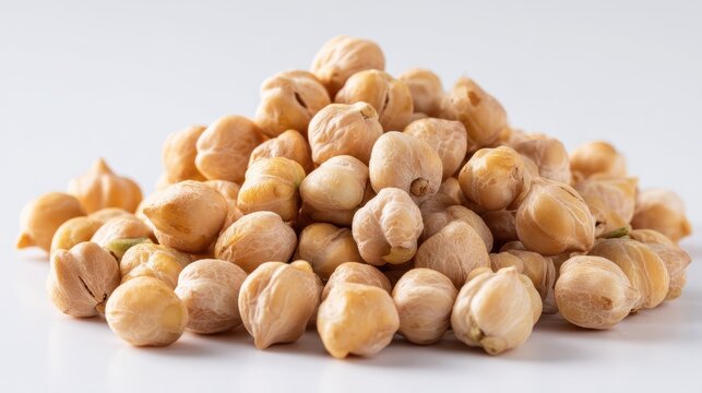 Macro shot of beige chickpeas with soft shadows on a white backdrop