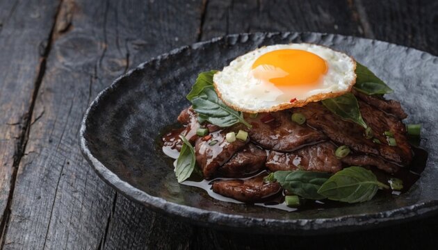 Gourmet fine dining experience thai pad krapow with wagyu beef and crispy fried egg luxurious food photography in rustic setting