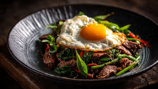 Gourmet fine dining experience thai pad krapow with wagyu beef and crispy fried egg luxurious food photography in rustic setting