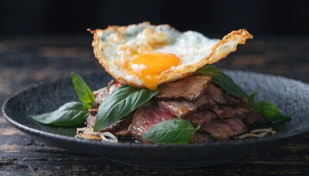 Gourmet fine dining experience thai pad krapow with wagyu beef and crispy fried egg luxurious food photography in rustic setting