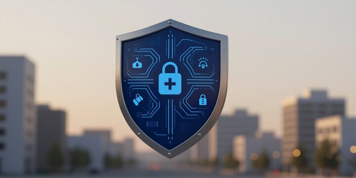 A modern cityscape at dawn or dusk features a digitally created shield emblem with metallic silver border and rivets, set against a blurred urban backdrop.