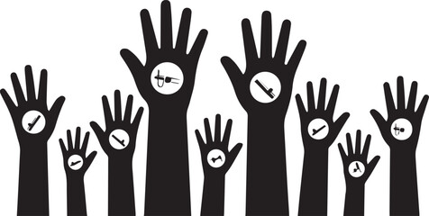 Fototapeta premium Black and white vector illustration of multiple raised hands silhouettes each containing various industrial tool icons inside