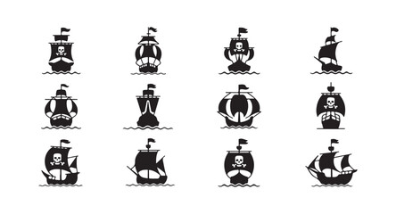 Set of pirate ship silhouettes and sailing vessel icons isolated on white background © MD ABDUL HAMID