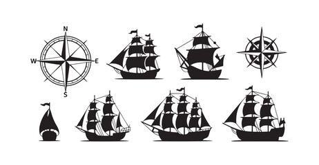 Vintage Sailing Ships and Nautical Compass Silhouettes Set © MD ABDUL HAMID